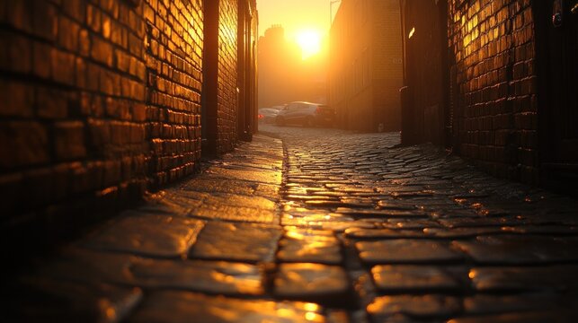 Sunlit alleyway, cobblestone path, brick walls