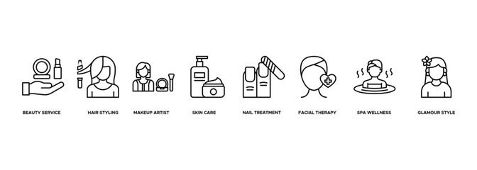 Banner Beauty Salon Services icon. Beauty Service, Hair Styling, Makeup Artist, Skin Care, Nail Treatment, Facial Therapy, Spa Wellness and Glamour Style