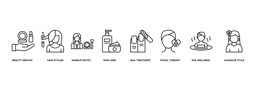 Banner Beauty Salon Services icon. Beauty Service, Hair Styling, Makeup Artist, Skin Care, Nail Treatment, Facial Therapy, Spa Wellness and Glamour Style