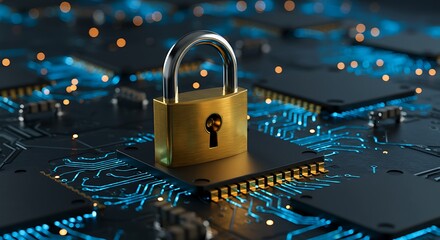 Golden padlock on computer motherboard