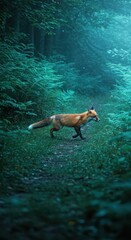 Obraz premium Wild canine animal traverses a shadowy woodland path surrounded by lush foliage