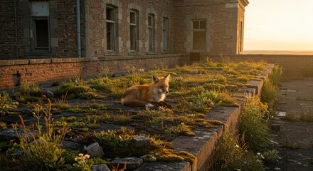 Obraz premium Wild mammal rests peacefully on overgrown rooftop terrace against warm sunset light