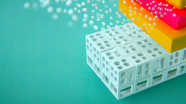 A surreal arrangement of geometric shapes, featuring white porous cubes supporting colorful rectangular blocks, with small bubbles drifting in the air.