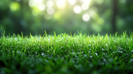 Lush Green Lawn: A close-up perspective showcases vibrant green blades of grass, bathed in the soft glow of sunlight, evoking feelings of freshness and vitality in nature.