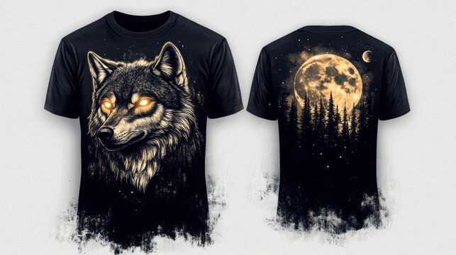 a mystical wolf t-shirt with a glowing-eyed wolf on the front and a full moon with a forest silhouette on the back