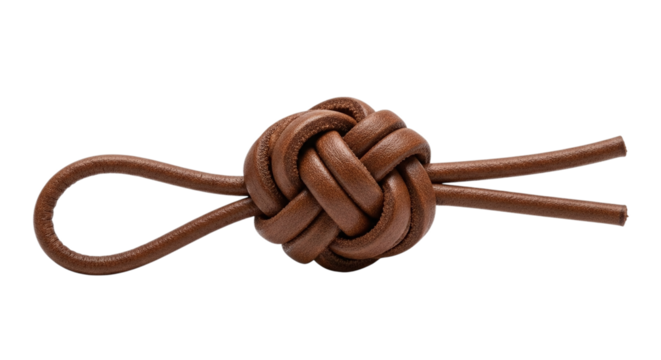 Brown leather monkey fist knot isolated on transparent background, a decorative nautical knot often used as a weight at the end of a rope