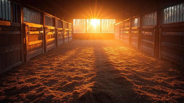 Sunlit stable interior, straw floor, warm light - Powered by Adobe