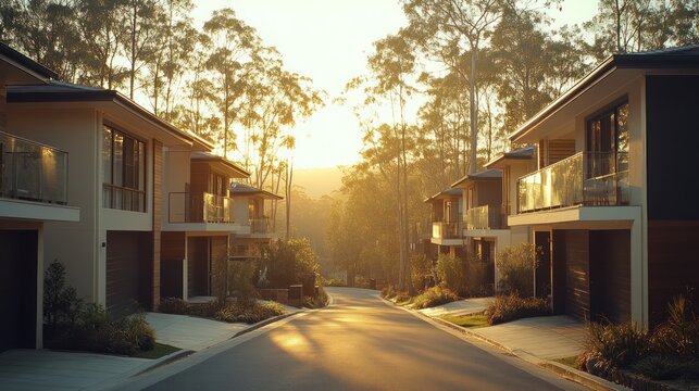 Sunny residential street lined with modern houses