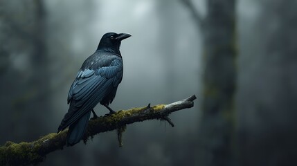 Black raven perched on mossy branch in foggy forest  