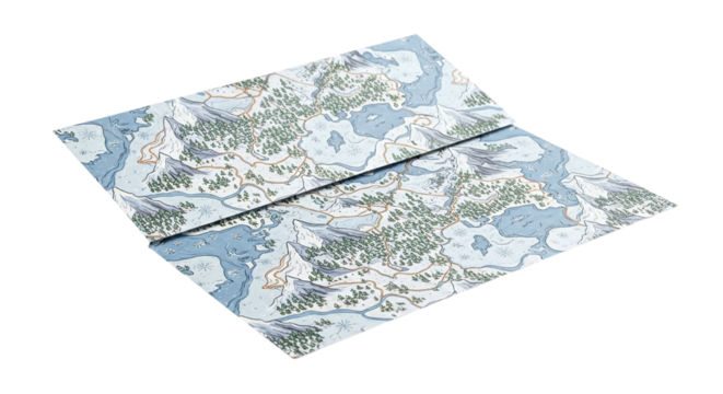 Overhead shot of a folded paper map with a detailed fantasy world illustration, isolated on transparent background
