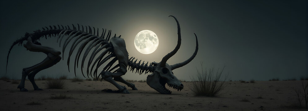 Animal skeleton lying in the desert under a full moon at night - Powered by Adobe