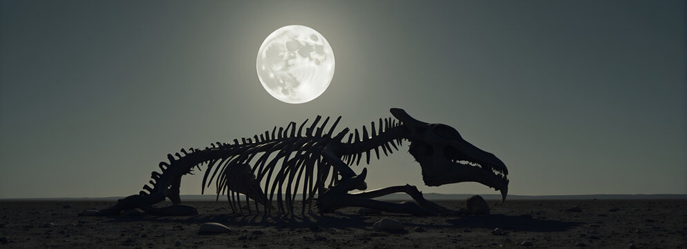Dog skeleton lying on the ground under a full moon at night  