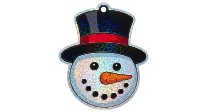 A festive snowman ornament isolated on transparent background, featuring a sparkling holographic design and a cheerful expression, perfect for holiday decorations