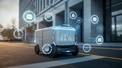 Autonomous delivery vehicle navigates urban street with digital overlay concepts - Powered by Adobe