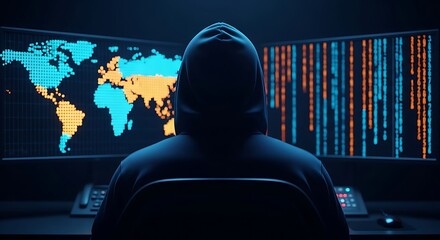 Hacker viewing world map and data
