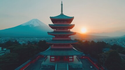 Sunrise over pagoda, Fuji in background