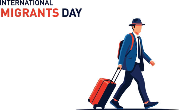 International Migrants Day illustration with man carrying suitcase - Powered by Adobe
