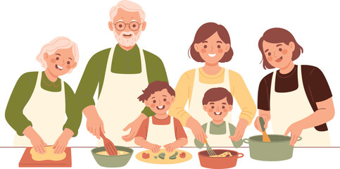 Family cooking, multigenerational kitchen, bonding time, food preparation, teamwork, happy faces, homemade meal, apron group, shared tradition, culinary joy
