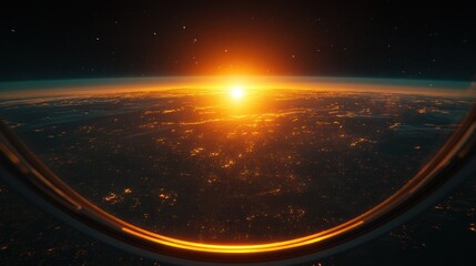 Sunrise seen through airplane window over Earth