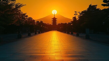 Obraz premium Sunrise path to pagoda, mountain silhouette