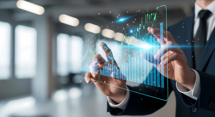 Modern financial analyst interacting with digital stock market data, visualizing growth and success, perfect for illustrating trends and investment strategies