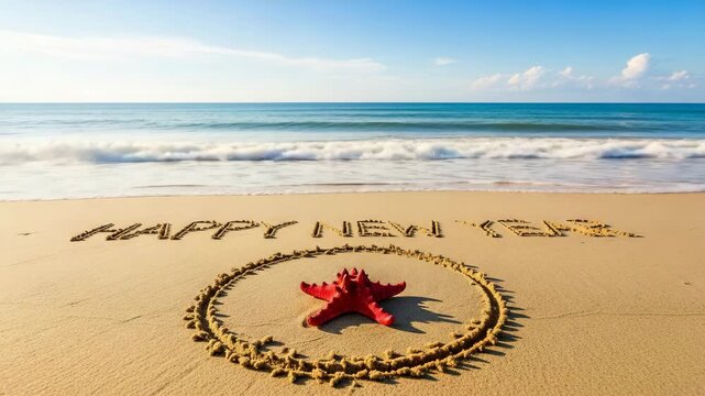 Animated happy new year wish written in sand means a tropical holiday greeting
