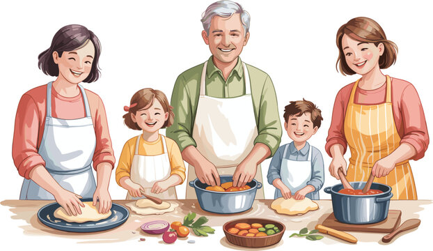 Family cooking, kitchen teamwork, joyful meal prep, multigenerational bonding, homemade food, shared tradition, happy children, fresh ingredients, cozy atmosphere, culinary love