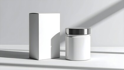 Sleek white packaging for health supplements, vitamins, or cosmetics with clean modern design