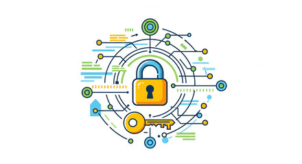 Digital Security Concept Illustration with Padlock and Key in a Networked Environment, Representing Data Protection and Privacy