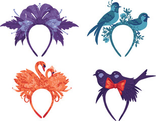 Colorful bird and flower headband collection, decorative nature-inspired accessories with swans, sparrows, and floral designs for creative artwork