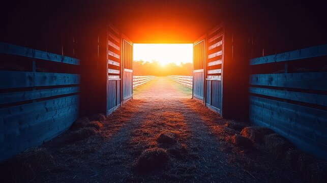 Sunrise spills through barn doors