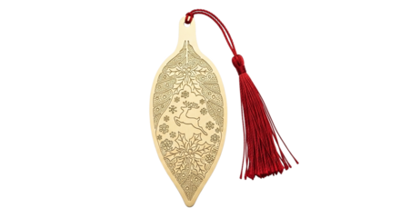 Elegant leafshaped bookmark with intricate floral design and a red tassel, isolated on transparent background