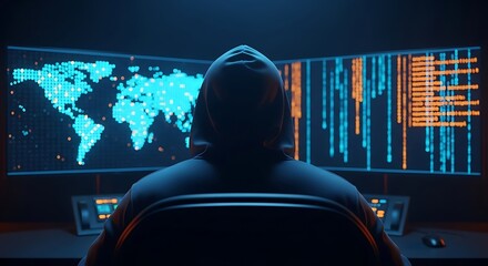 Hacker working on a world map display