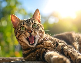 Close-up of a tabby cat outdoors, mid-yawn, basking in sunlight. Green eyes and blurred foliage in the background