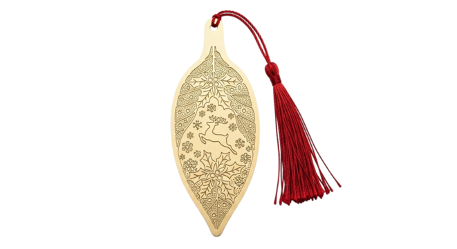 Elegant leafshaped bookmark with intricate floral design and a red tassel, isolated on transparent background