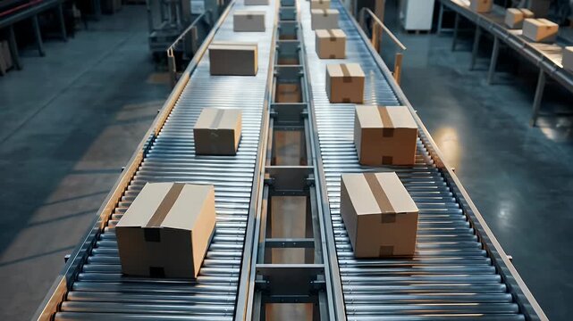 Cardboard boxes conveyor belt assembly line transportation shipping distribution