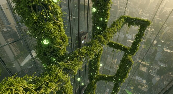 Verdant, illuminated foliage forms a large helix structure suspended within a modern glass skyscraper overlooking a city.