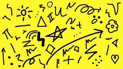 Abstract doodle art on bright yellow background.