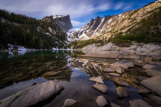 Emerald lake landscape with mountains and reflections in the water on a sunny day - Powered by Adobe