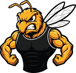 Aggressive muscular bee mascot, strong insect character, cartoon bee illustration, fierce pose, vector sports icon, fitness branding design