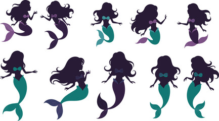 Colorful mermaid silhouette set, fantasy sea creature vector, stylized underwater art, vibrant tail design, mythical female icon, ocean illustration