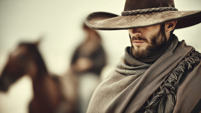 Traditional gaucho cowboy wearing hat and poncho during Gaucho Day celebration in the Argentine countryside
