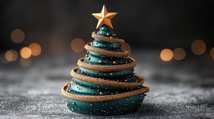 Obraz premium Christmas Ornament: An elegant ornament in the shape of a Christmas tree is delicately set against a blurred backdrop, emanating festive vibes with a gold star atop. 