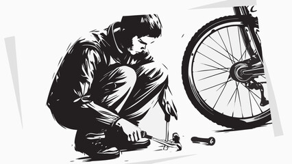 Focused cyclist repairing bike with tools, demonstrating dedication and mechanical skill effortlessly
