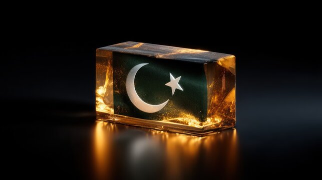 The Pakistan flag glowing from within a block of transparent amber resin resting on black velvet Studio lights