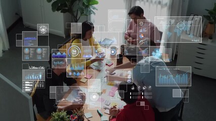 A diverse group of professionals collaborates in a modern office, analyzing data with various graphs and charts overlaid, showcasing teamwork and innovative strategies. Raster - Powered by Adobe