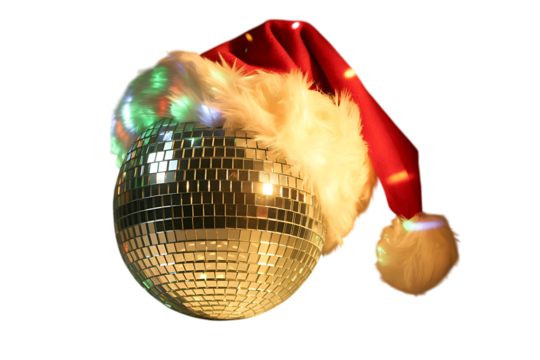 Disco ball with lighted santa hat isolated on transparent background