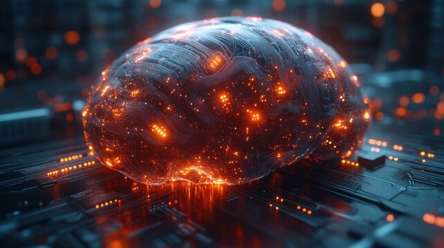 Digital Brain: An artistic visualization of a glowing brain, intricately detailed and embedded within a technological matrix, representing the power of intelligence and innovation.
