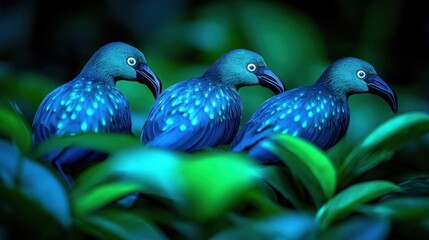 Obraz premium Three vibrant blue birds nestled in lush green foliage
