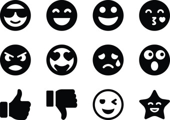 Silhouette vector EPS of emoji icons, editable line set, isolated on white background.